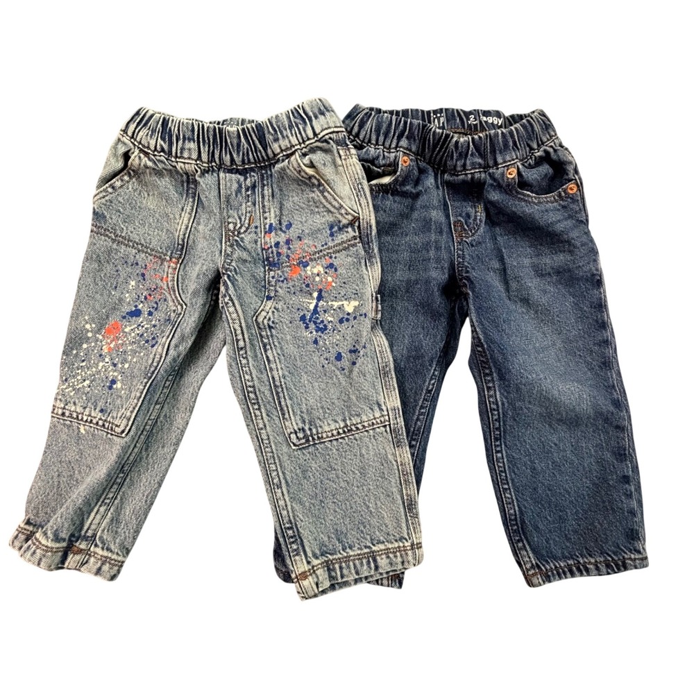 Baby Gap Jeans Kids Size 2 Years Blue Paint Splatter Carpenter Baggy Lot of 2